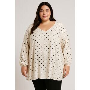 Torrid Size 4 Ivory Black Polka Dot V-Neck Blouson Top Dolman Sleeve Flowy boho